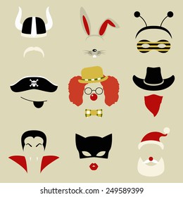 Set of nine Retro Party masks for photo booth and scrapbooking. Vector illustration