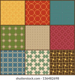 Set of nine retro simple geometric seamless patterns. Vector