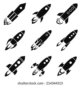 Set of nine rocket or spaceship icons isolated on white. Travel or science exploration concept. Start up new business project vector illustration