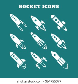 Set of nine rocket or spaceship icons isolated. Travel or science exploration concept. Start up new business project vector illustration. Line style