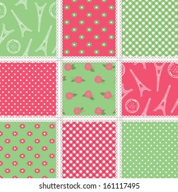 Set of nine romantic seamless patchwork vector patterns in pink and light green colors with straight lace. All objects grouped separately, easy to use.