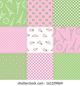 Set of nine romantic seamless vector patchwork patterns in light green and pink colors.