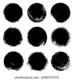 Set of nine round black brushstrokes scratches
