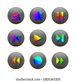 Set of nine round control buttons of player, media icons with shadow. Isolated on white background, vector illustration.