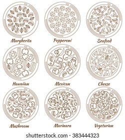 Set of nine round hot delicious tasty pizza in line style. Vector illustration of pizza Marhgerita, Pepperoni, Seafood, Hawaiian, Mexican, Cheese, Mushroom, Marinara, Vegetarian. Info graphic elements