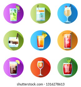 Set of Nine Round Icons with Long ShadowTropical Cocktails in Flat Style for Menu, Cocktail Cards. Mojito, Tom Collins, Pina Colada, White Russian, Mai Tai, Sea Breeze, Long Island. Vector Images Isol