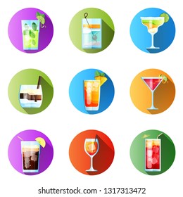 Set of Nine Round Icons with Long Shadow Tropical Cocktails in Flat Style for Menu, Cocktail Cards. Mojito, Tom Collins, Margarita, White Russian, Mai Tai. Vector Images Isolated on White Background