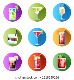 Set of Nine Round Icons with Long Shadow Tropical Cocktails in Flat Style for Menu, Cocktail Cards. Mojito, Margarita, Pina Colada, White Russian, Cosmopolitan, Sea Breeze, Long Island. Vector Images 
