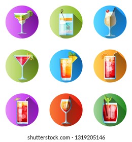 Set of Nine Round Icons with Long Shadow Tropical Cocktails in Flat Style for Menu, Cocktail Cards. Margarita, Tom Collins, Pina Colada, Cosmopolitan, Mai Tai, Sea Breeze, Tequila Sunrise, Spritz, Blo