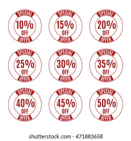 A set of nine round labels discounts of ten to fifty percent in steps of five, isolated on white background, flat style, vector illustration.