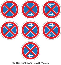 Set of nine round no parking or stopping traffic signs with red border, blue center, white cross and white arrows indicating direction of prohibition.