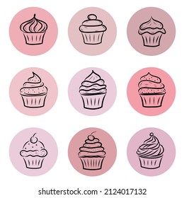 ein Satz von neun runden rosa Symbolen mit dem Bild von Kuchen, ein Symbol für soziale Netzwerke, Web-Design, ein Symbol für Menüs, flaches Erstellen der schwarzen Umrisse