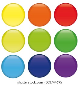 set of nine round push buttons for website navigation, glossy design, vector
