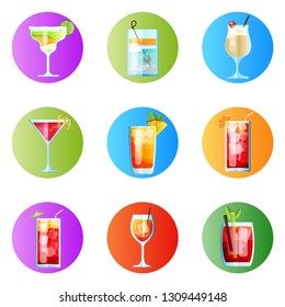 Set of Nine Rounded Images Tropical Cocktails in Flat Style for Menu, Cocktail Cards. Margarita, Tom Collins, Pina Colada, Cosmopolitan, Mai Tai, Sea Breeze, Tequila Sunrise, Spritz, Blood Mary. 