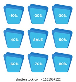 Set of nine sale stickers with different discount values. Sale label template. Vector illustration