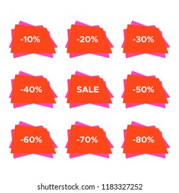 Set of nine sale stickers with different discount values. Sale label template. Vector illustration
