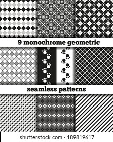 Set of nine samples of fabric with black-white monochrome geometrical patterns. Seamless texture.