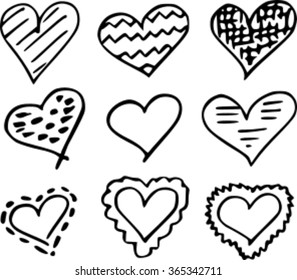 A set of nine scribbled, hand drawn hearts.