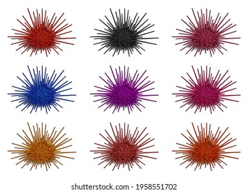 Set of nine sea hedgehogs or urchin of blue, red, yellow, pink and black colors. Sea urchin illustration, drawing, engraving, ink, line art