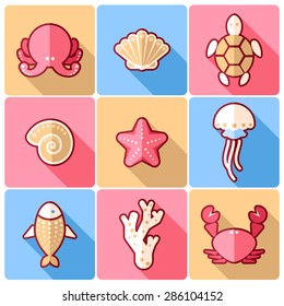 Set of nine sealife flat colorful icons
