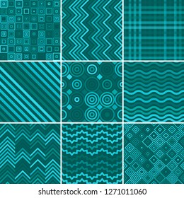 Set with nine seamless abstract geometric pattern, vector illustration. Blue, green colors.