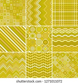 Set with nine seamless abstract geometric pattern, vector illustration. Yellow color.