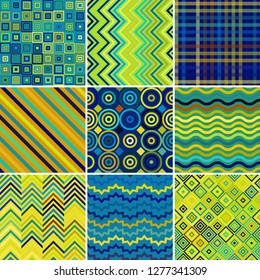 Set with nine seamless abstract geometric pattern, vector illustration. Yellow, green, blue colors