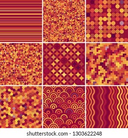 Set with nine seamless abstract geometric pattern, vector illustration. Red, orange colors.