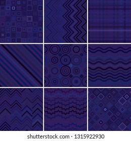 Set with nine seamless abstract geometric pattern, vector illustration. Dark blue color.