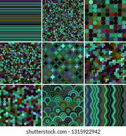 Set with nine seamless abstract geometric pattern, vector illustration. Green, black, purple colors.