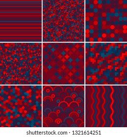 Set with nine seamless abstract geometric pattern, vector illustration. Red, blue colors.