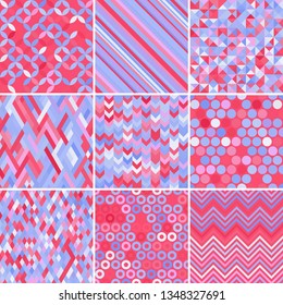 Set with nine seamless abstract geometric pattern, vector illustration. Violet, pink, blue colors.