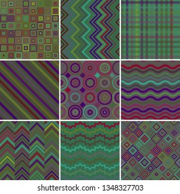 Set with nine seamless abstract geometric pattern, vector illustration. Green, purple, blue colors.
