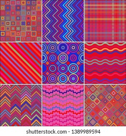 Set with nine seamless abstract geometric pattern, vector illustration. Pink, blue, red colors.