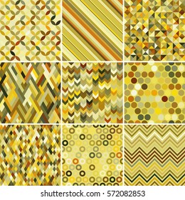 Set with nine seamless abstract geometric pattern, vector illustration. Brown, yellow colors.