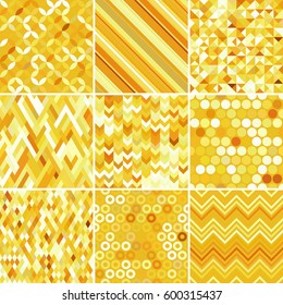 Set with nine seamless abstract geometric pattern, vector illustration. Yellow, orange colors. 