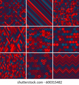 Set with nine seamless abstract geometric pattern, vector illustration. Red, blue colors. 