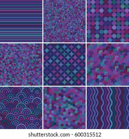 Set with nine seamless abstract geometric pattern, vector illustration. Violet, purple, blue colors. 