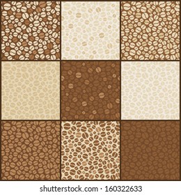 Set of nine seamless coffee beans patterns. Vector illustration