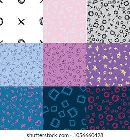Set of nine seamless doodle shapes patterns. Hand drawn vecor graphic illustration design