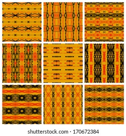 Set of nine seamless ethnic pattern. Vector tribal texture for web, print, textile, fabric, website or invitation background, wrapping paper, spring summer fashion etc.