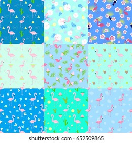 Set of nine seamless flamingo patterns vector