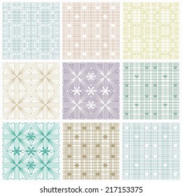 Set of nine seamless geometric patterns, design elements collection, ethnic ornament, colorful abstract decoration, vector lace background