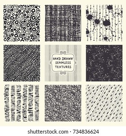 Set of nine seamless hand drawn texture designs for backgrounds. Doodle pattern. vector illustration. 