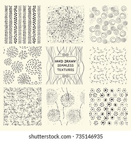 Set of nine seamless, hand drawn texture designs for backgrounds. Vector illustration, doodle patterns.  