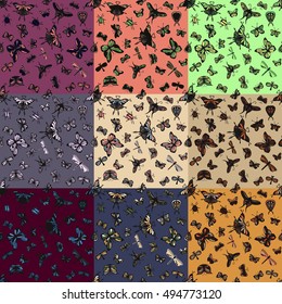 Set of nine seamless insect patterns. Nice hand-drawn illustration