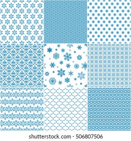 set of nine seamless pattern with blue snowflakes