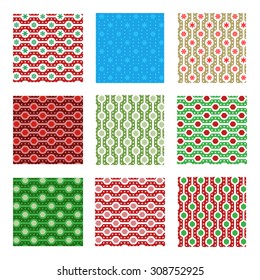 Set of nine seamless pattern in classic red and green, blue and gold colors. Holiday texture
