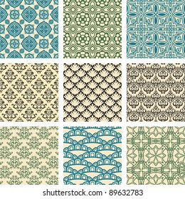 Set of nine seamless pattern in retro style