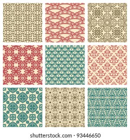 Set of nine seamless pattern in retro style